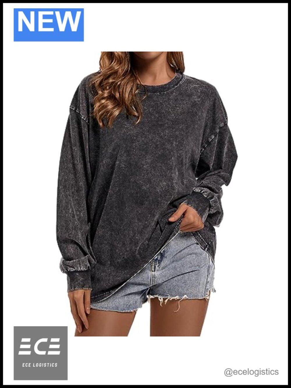 Women Oversized Long Sleeve Crewneck Cotton Tee Loose Fit Vintage Wash